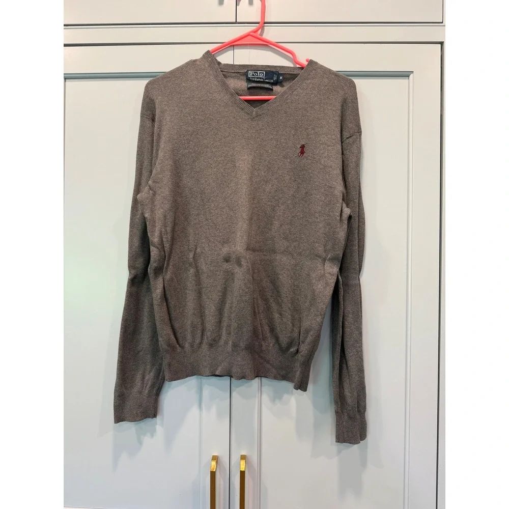 Polo Ralph‎ Lauren Men's Grey Pima Cotton V-Neck Sweater Pony Logo Sz M preppy